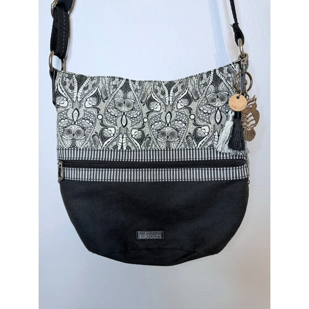 Sakroots Owl Shoulder Crossbody Bag Purse Bag Charm Tassels Black Off White Rare - Picture 1 of 16